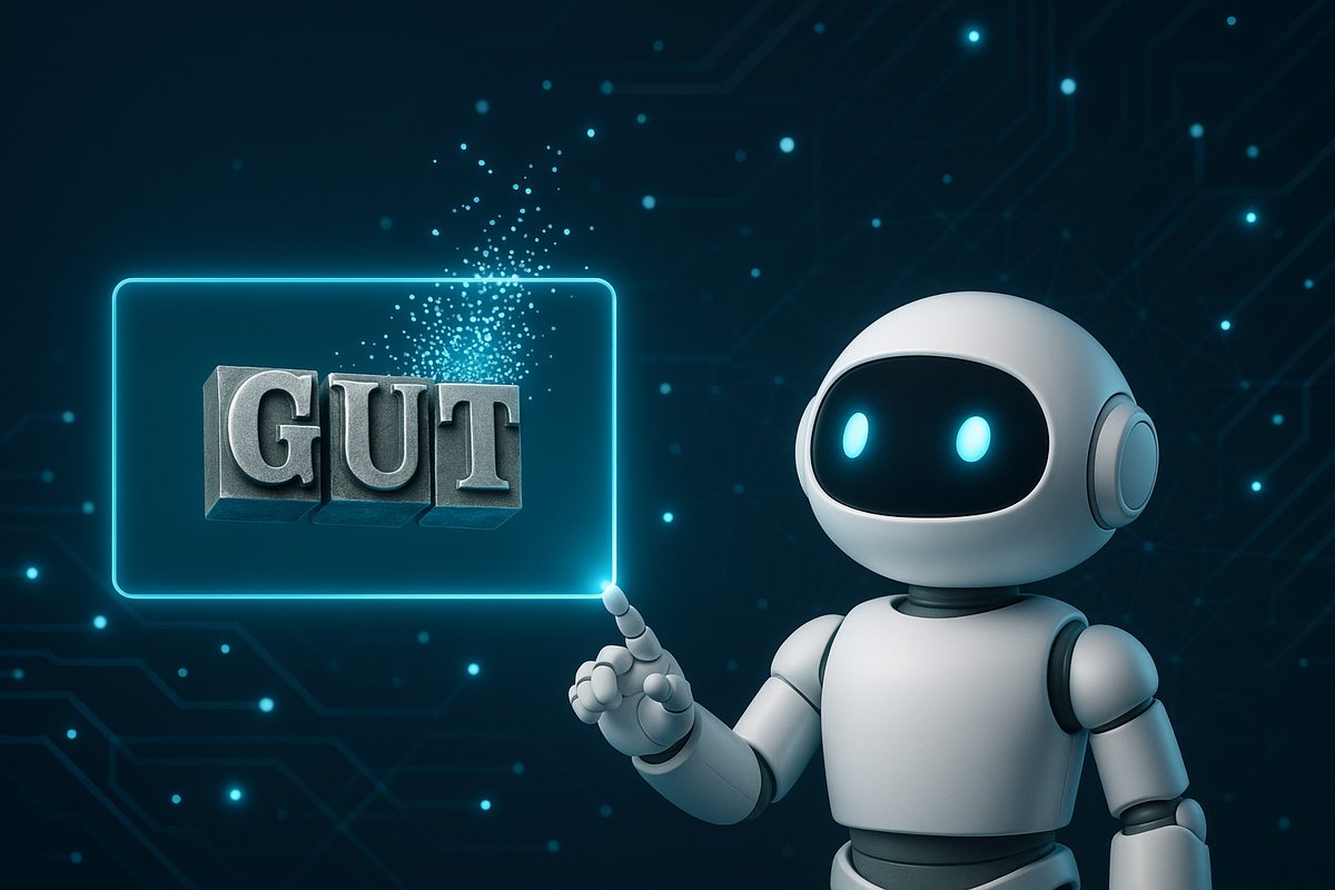 Eine freundliche Roboterfigur zeigt auf eine leuchtende Anzeige, auf der drei bewegliche Drucklettern mit den Buchstaben G, U und T stehen und sich nach oben in Lichtpunkte auflösen