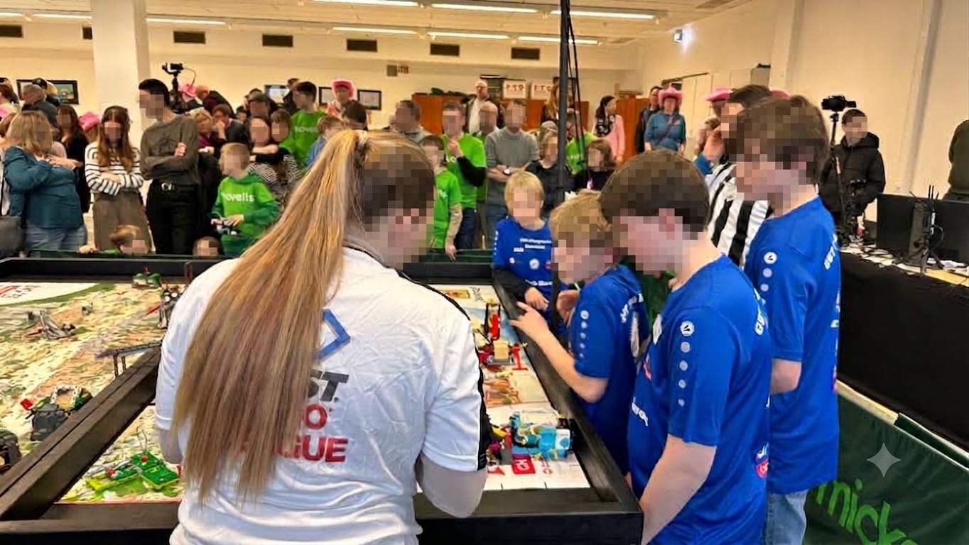 Das Team in blauen Trikots steht dicht am Rand des Spielfelds und verfolgt einen Wettkampflauf; gegenüber sitzt eine Schiedsrichterin im Trikot der FIRST LEGO League