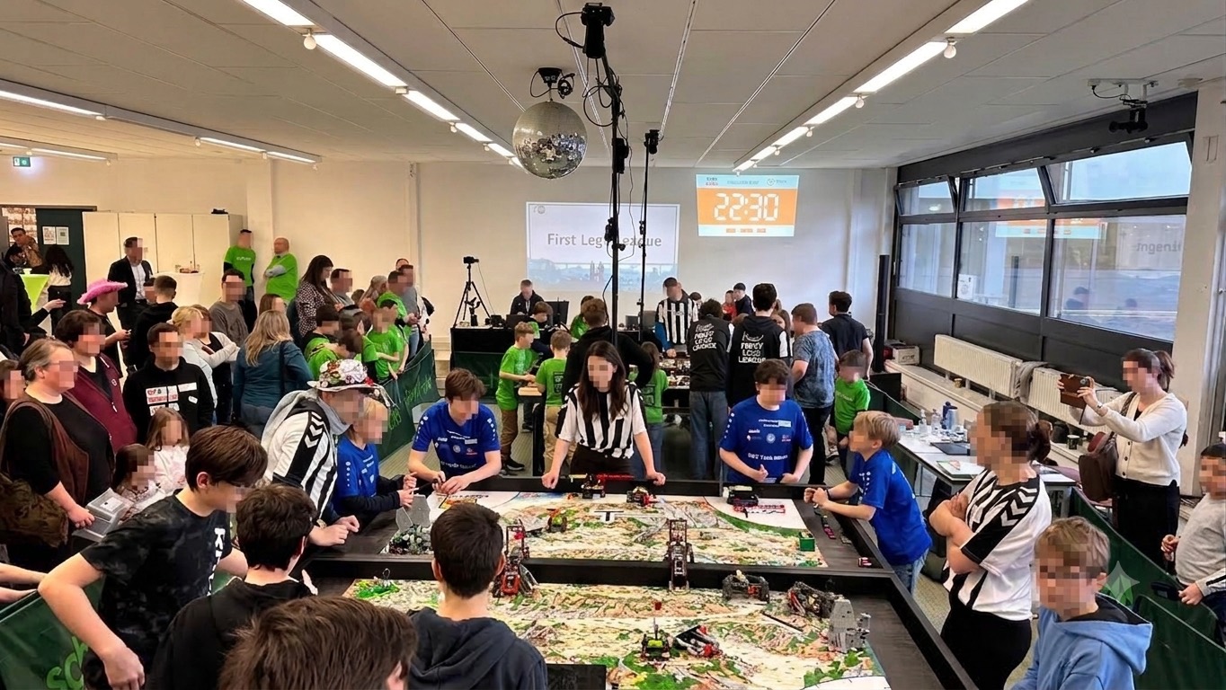 Wettbewerbshalle mit zwei großen Robot-Game-Spielfeldern, Teams in blauen und grünen Trikots an den Tischen, Publikum ringsum und die Wettkampfuhr an der Wand