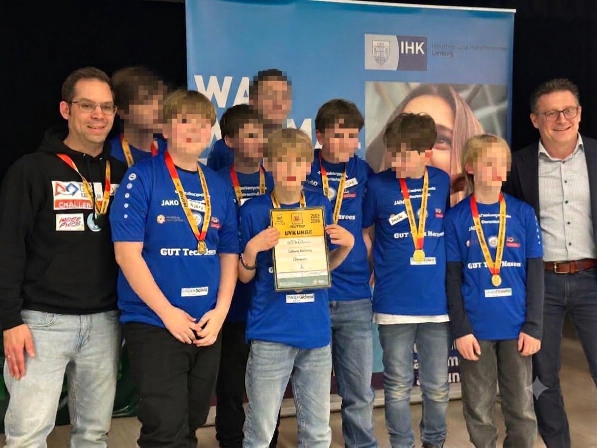 Die Mannschaft der GUT-Tech-Heroes mit Medaillen um den Hals hält ihre Urkunde in die Kamera, daneben ihr Betreuer und ein Vertreter der IHK Limburg
