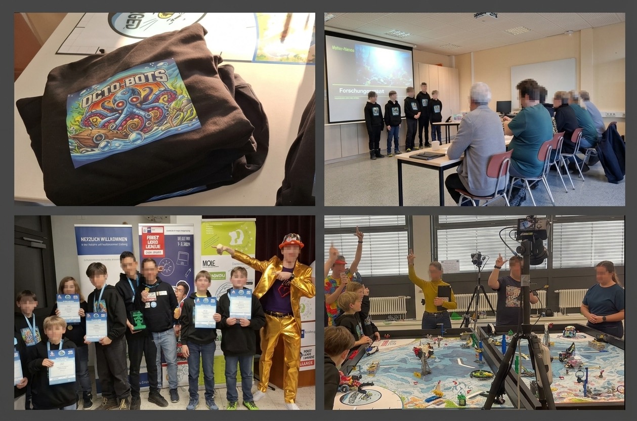 Vier Aufnahmen nebeneinander: ein Pullover mit dem selbst gestalteten Teamlogo, ein Team beim Jurygespräch vor einer Präsentation zum Forschungsprojekt, die Siegerehrung mit Urkunden und Medaillen und ein Robot-Game-Spielfeld mit jubelnden Teilnehmenden