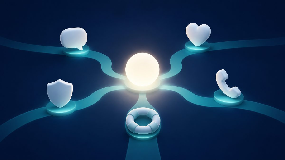 Illustration: Aus mehreren Richtungen führen Wege zu einem warm leuchtenden Licht in der Mitte. An den Wegen stehen Symbole für die verschiedenen Anlaufstellen – eine Sprechblase für das Gespräch, ein Herz, ein Telefonhörer für die Beratung am Telefon, ein Schutzschild und ein Rettungsring.