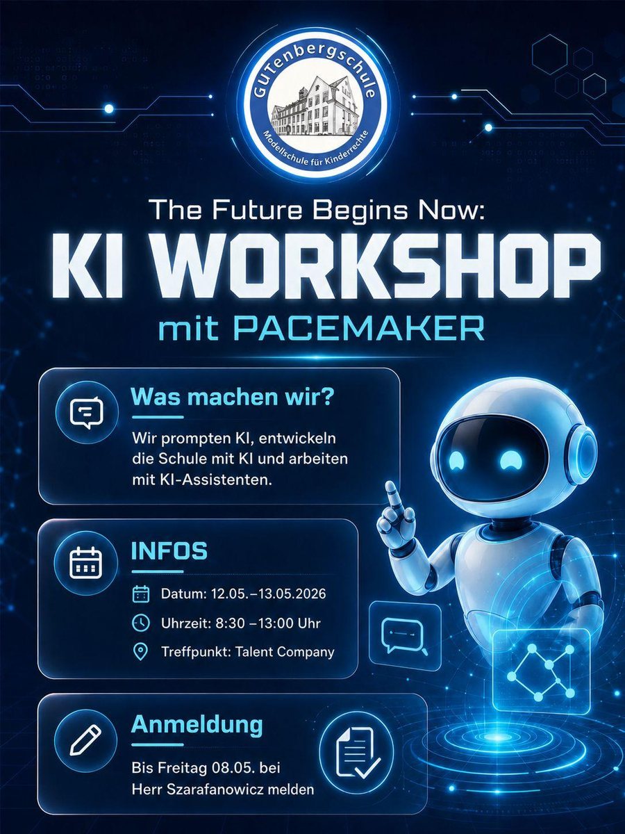 Plakat zum KI-Workshop mit Pacemaker am 12. und 13. Mai 2026, 8:30 bis 13:00 Uhr, Treffpunkt Talent Company. Inhalt: KI prompten, die Schule mit KI entwickeln und mit KI-Assistenten arbeiten.