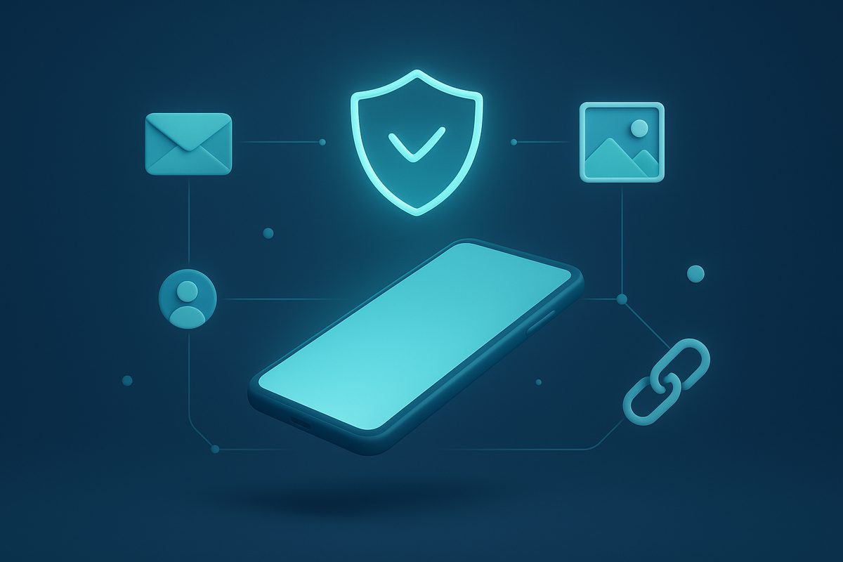 Ein schwebendes Smartphone, darüber ein leuchtendes Schutzschild mit Haken, ringsum verbundene Symbole für Nachrichten, Bilder und Kontakte