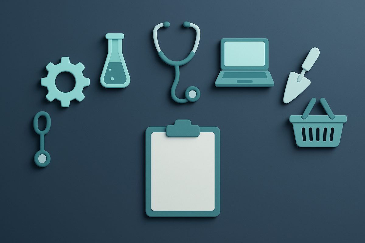 Ein Klemmbrett, darum im Halbkreis Symbole für verschiedene Berufsfelder: Zahnrad, Reagenzglas, Stethoskop, Laptop, Kelle und Einkaufskorb