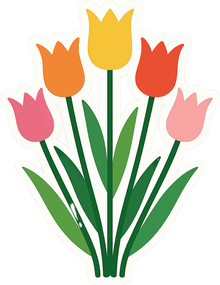 Aufkleber mit einem Strauß aus fünf Tulpen in Pink, Orange, Gelb, Rot und Rosa